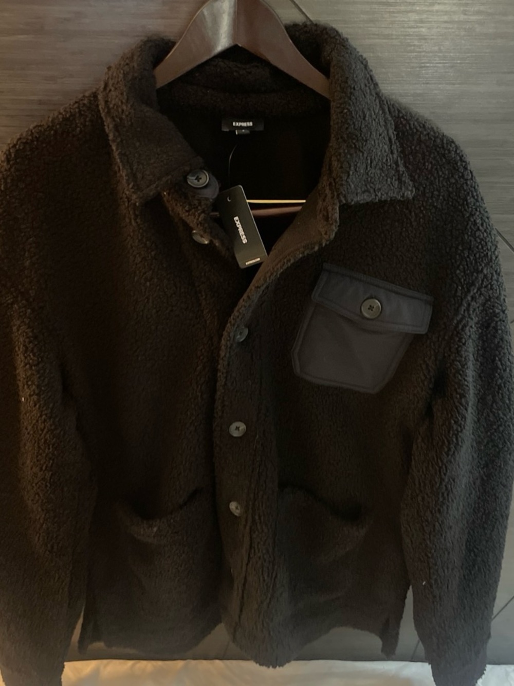 Express Men's Black Sherpa Shirt Jacket with Chest Flap Pocket